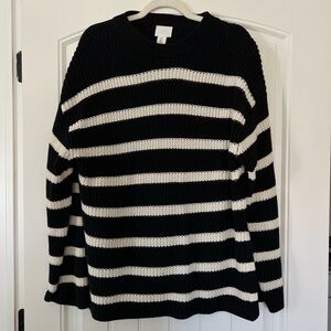 H&M Black and White Striped Crew Neck Sweater